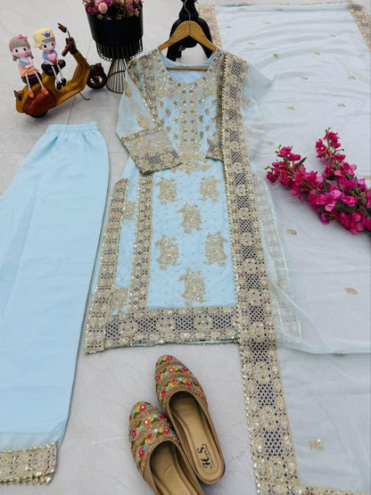 Ceremony Wear Sky Blue Color Heavy Fox Georgette With Codding Sequence Embroidery Work Salwar Suit