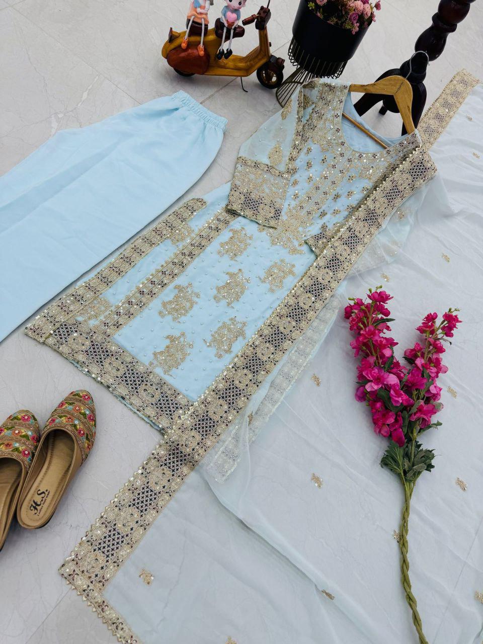 Ceremony Wear Sky Blue Color Heavy Fox Georgette With Codding Sequence Embroidery Work Salwar Suit