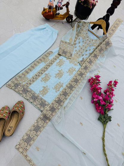 Ceremony Wear Sky Blue Color Heavy Fox Georgette With Codding Sequence Embroidery Work Salwar Suit