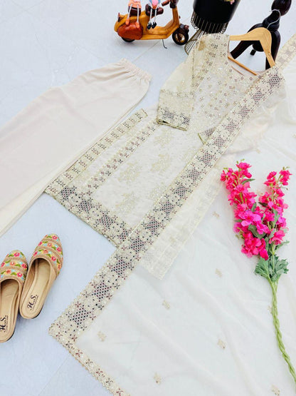 Ceremony Wear Cream Color Heavy Fox Georgette With Codding Sequence Embroidery Work Salwar Suit