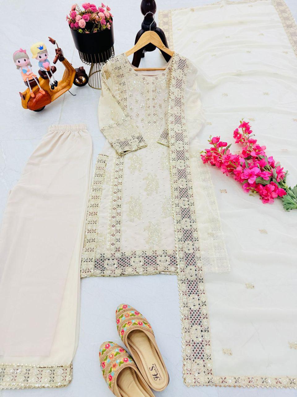 Ceremony Wear Cream Color Heavy Fox Georgette With Codding Sequence Embroidery Work Salwar Suit