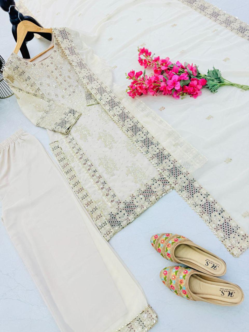 Ceremony Wear Cream Color Heavy Fox Georgette With Codding Sequence Embroidery Work Salwar Suit