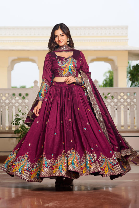 Traditional Wear Wine Color Pure Vichitra Embroidery With Sequence And Thread Work Lehenga Choli