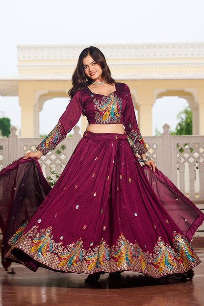 Traditional Wear Wine Color Pure Vichitra Embroidery With Sequence And Thread Work Lehenga Choli