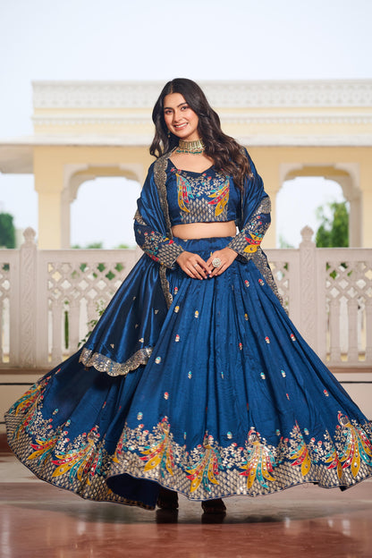 Traditional Wear Teal Blue Color Pure Vichitra Embroidery With Sequence And Thread Work Lehenga Choli
