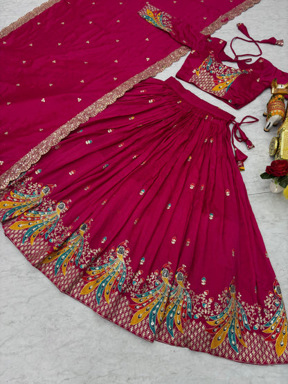 Traditional Wear Pink Color Pure Vichitra Embroidery With Sequence And Thread Work Lehenga Choli