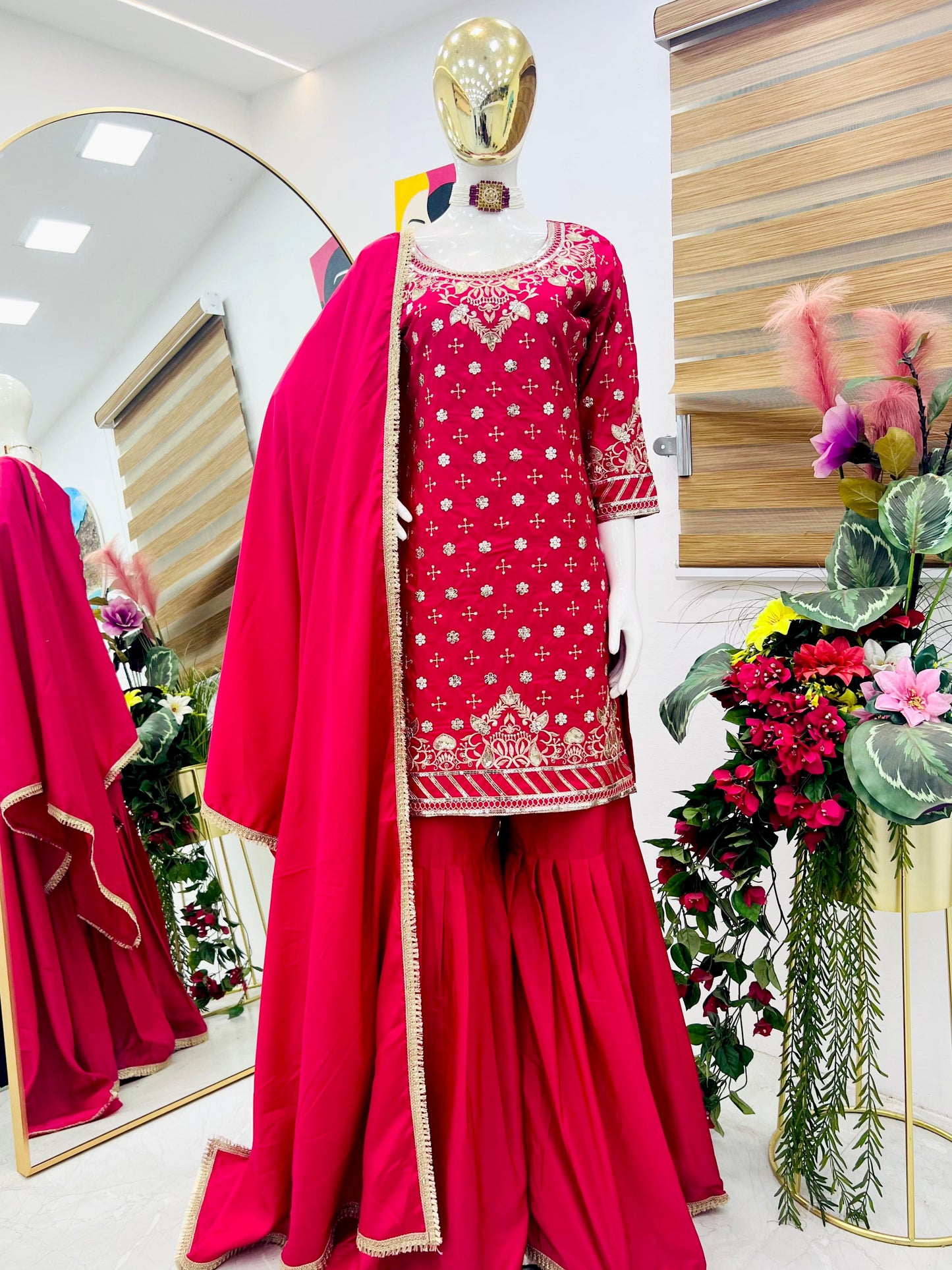 Occasion Wear Pink Color Natural Crepe Fine Embroidery With Sequin Work Beautiful Sharara Suit