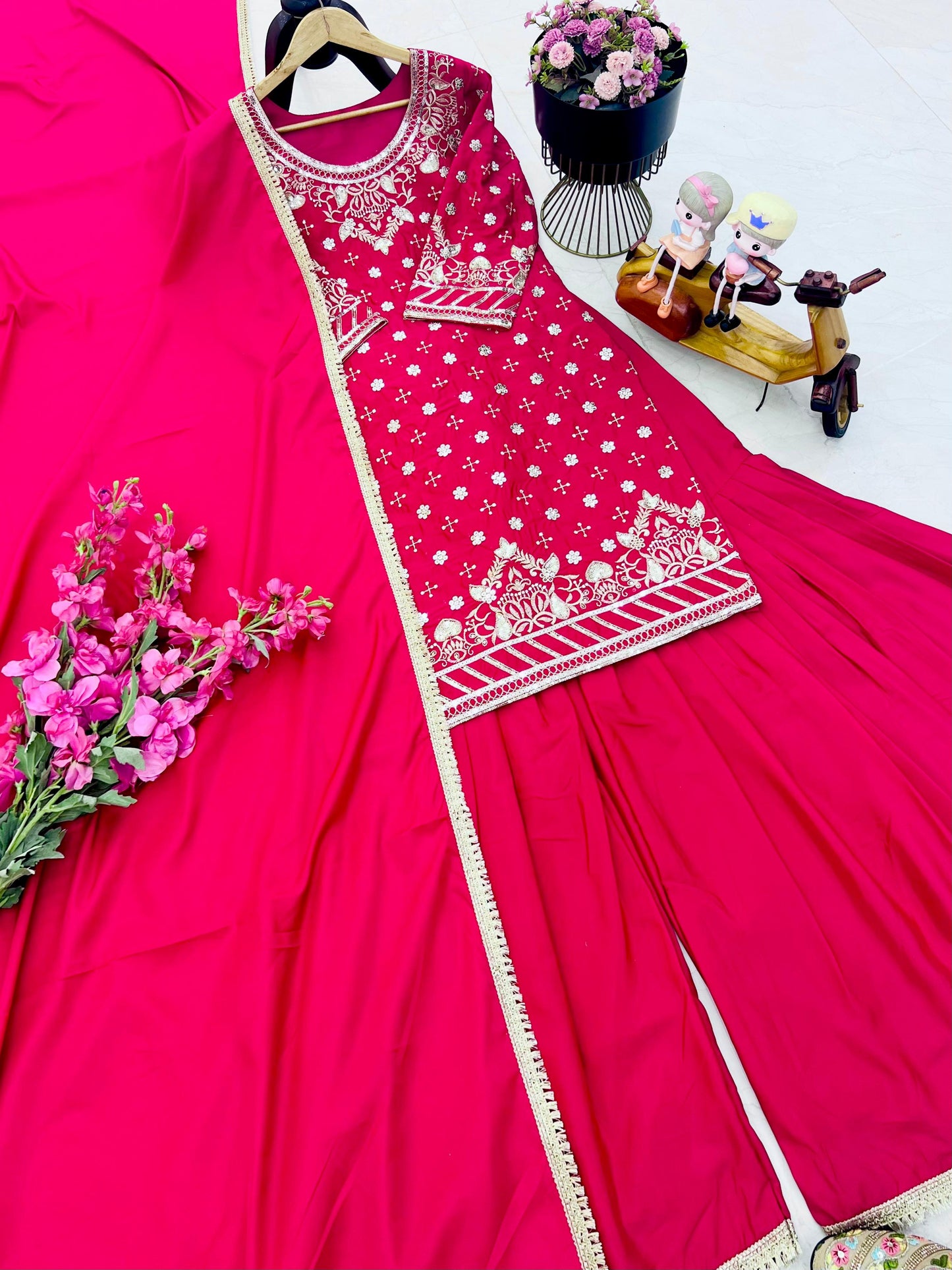 Occasion Wear Pink Color Natural Crepe Fine Embroidery With Sequin Work Beautiful Sharara Suit