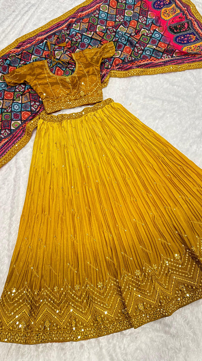 Haldi Wear Yellow Color Shaded Chinon Silk Sequins And Thread Embroidery Work Lehenga Choli