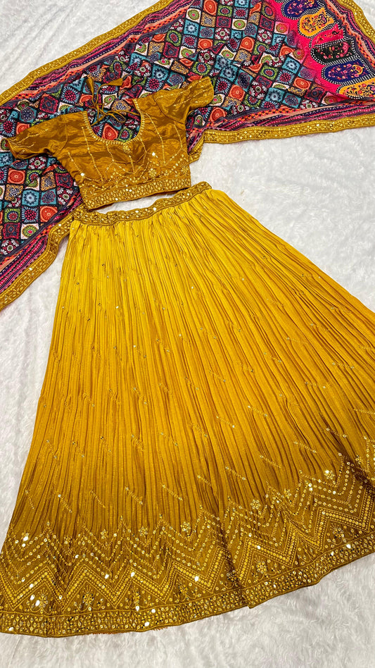 Haldi Wear Yellow Color Shaded Chinon Silk Sequins And Thread Embroidery Work Lehenga Choli
