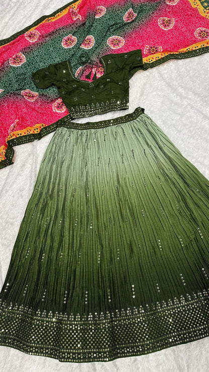 Function Wear Green Color Shaded Chinon Silk Sequins And Thread Embroidery Work Lehenga Choli