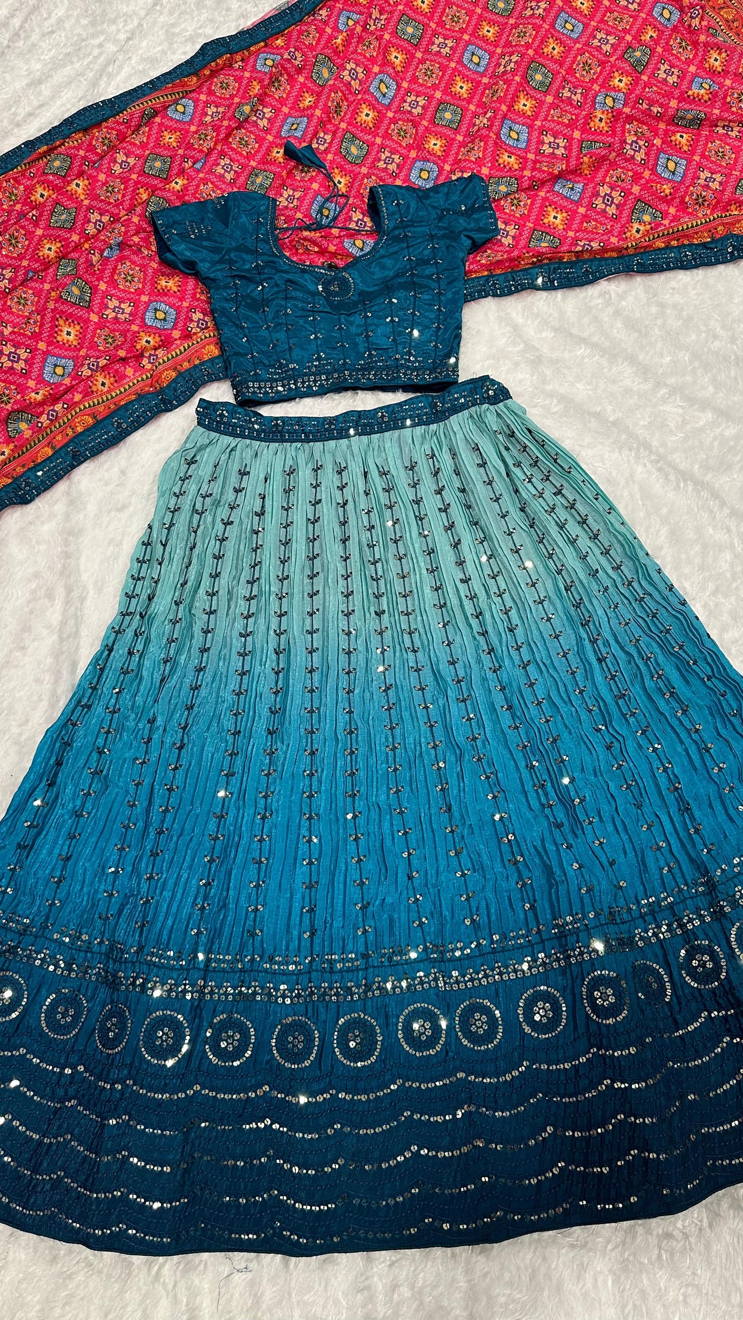 Wedding Wear Sky Blue Color Shaded Chinon Silk Sequins And Thread Embroidery Work Lehenga Choli