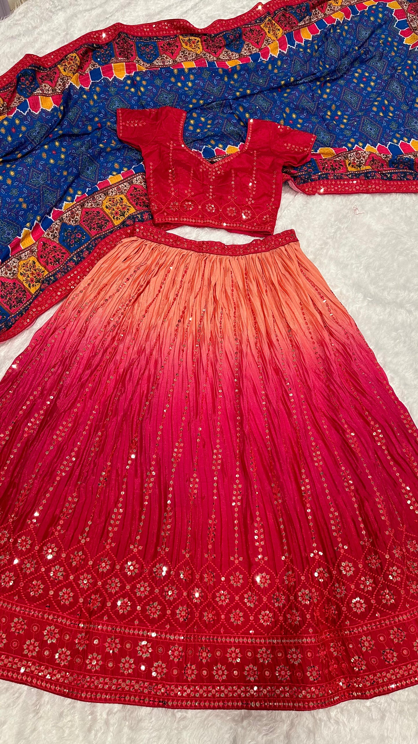 Wedding Wear Pink Color Shaded Chinon Silk Sequins And Thread Embroidery Work Lehenga Choli