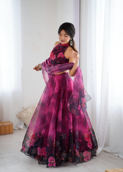 Arti Chauhan's Magenta Color Digital Print With Jari Work Lehenga Set