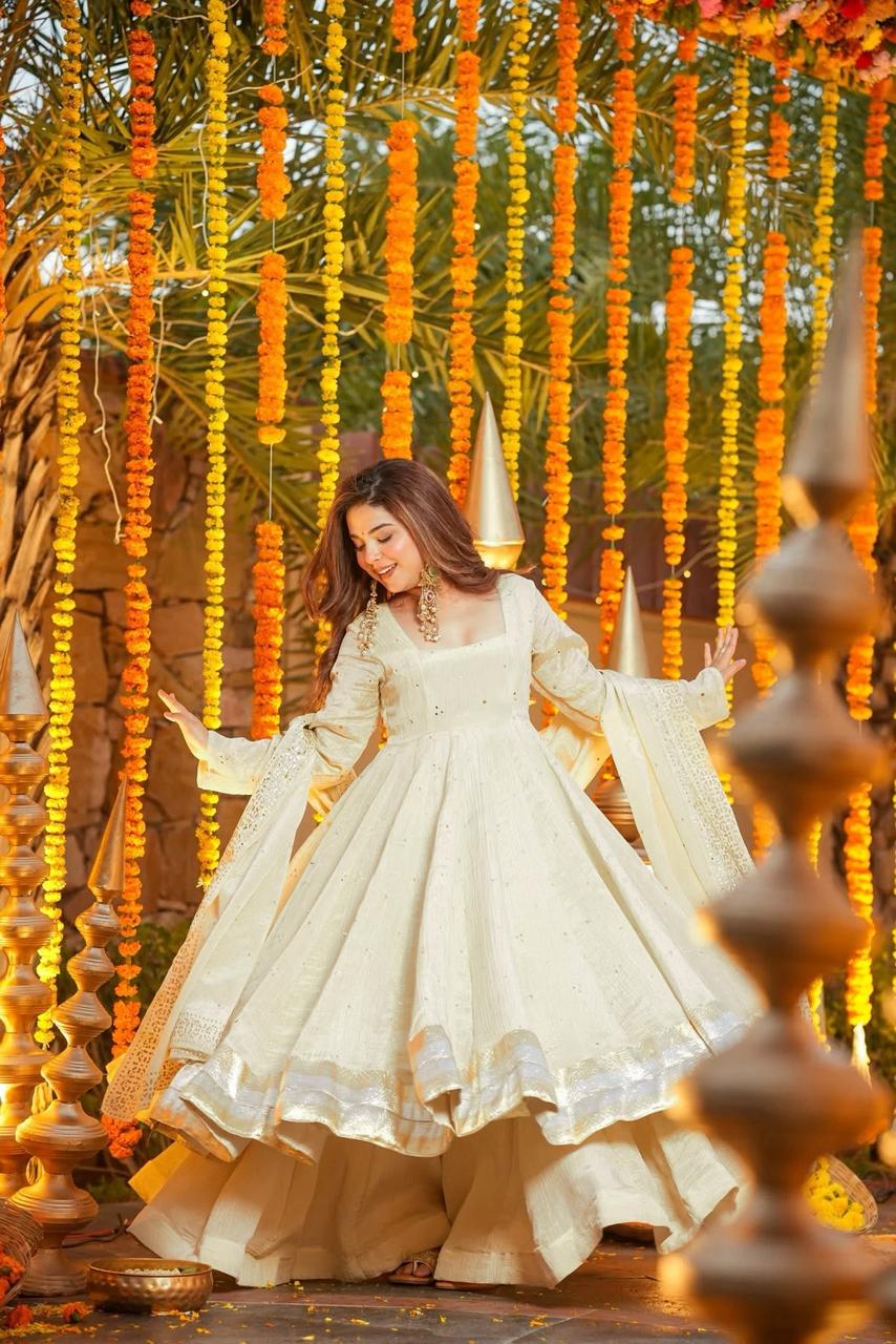 Weddings Wear Off White Chinon Silk Neha's Wear Palazzo Suit Set