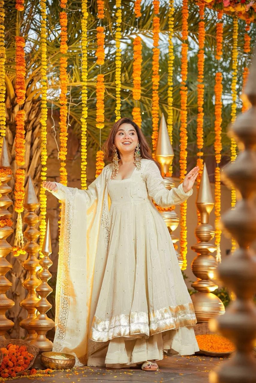 Weddings Wear Off White Chinon Silk Neha's Wear Palazzo Suit Set