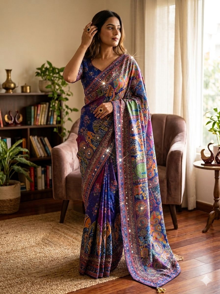 Royal Blue Color Designer Beautiful Printed With Real Mirror Handwork Saree