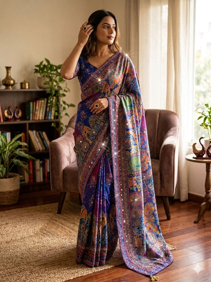 Royal Blue Color Designer Beautiful Printed With Real Mirror Handwork Saree