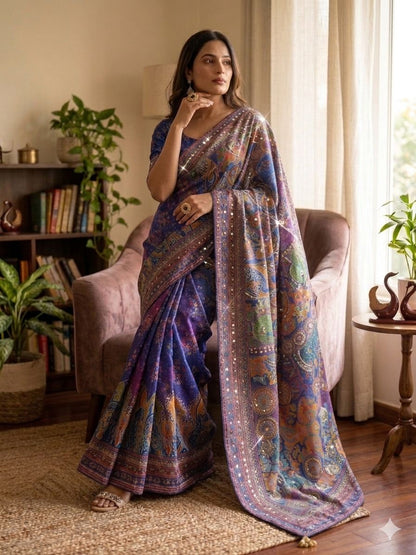 Royal Blue Color Designer Beautiful Printed With Real Mirror Handwork Saree