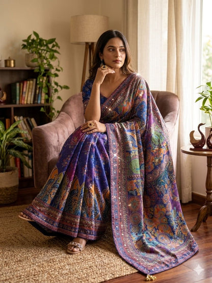 Royal Blue Color Designer Beautiful Printed With Real Mirror Handwork Saree