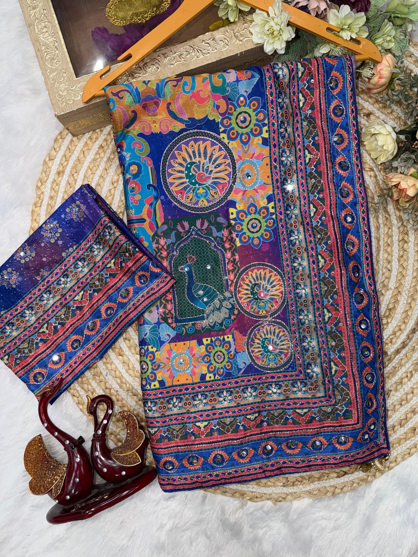 Royal Blue Color Designer Beautiful Printed With Real Mirror Handwork Saree