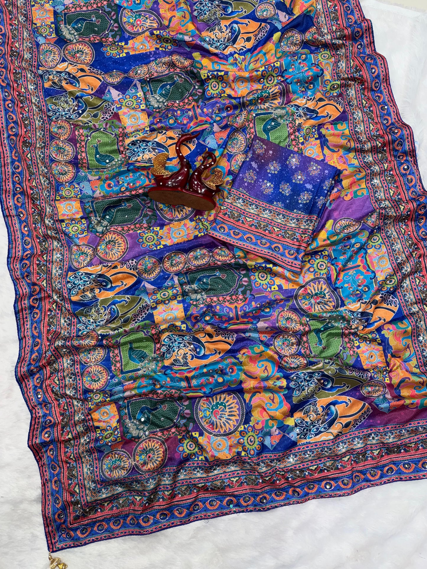 Royal Blue Color Designer Beautiful Printed With Real Mirror Handwork Saree
