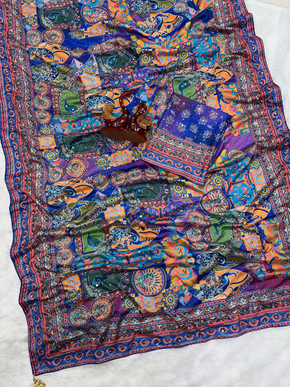 Royal Blue Color Designer Beautiful Printed With Real Mirror Handwork Saree