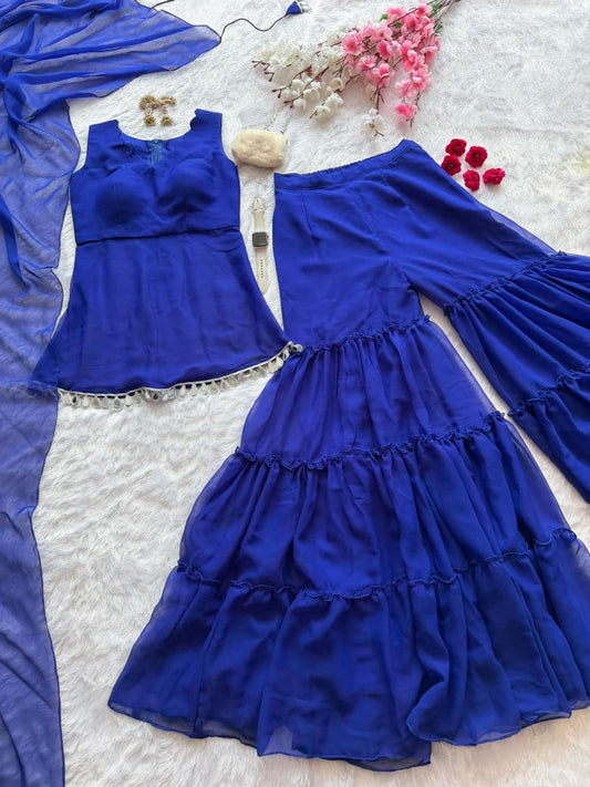 Designer Royal Blue Color Pure Georgette Sharara Suit