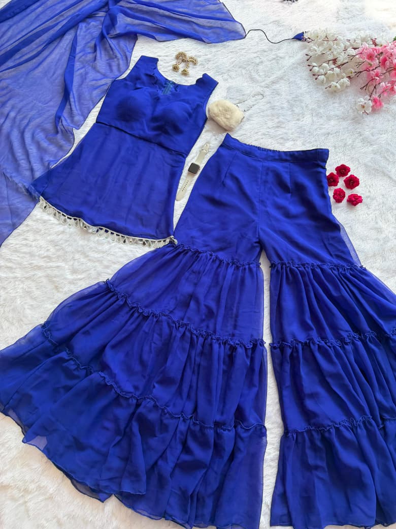 Designer Royal Blue Color Pure Georgette Sharara Suit