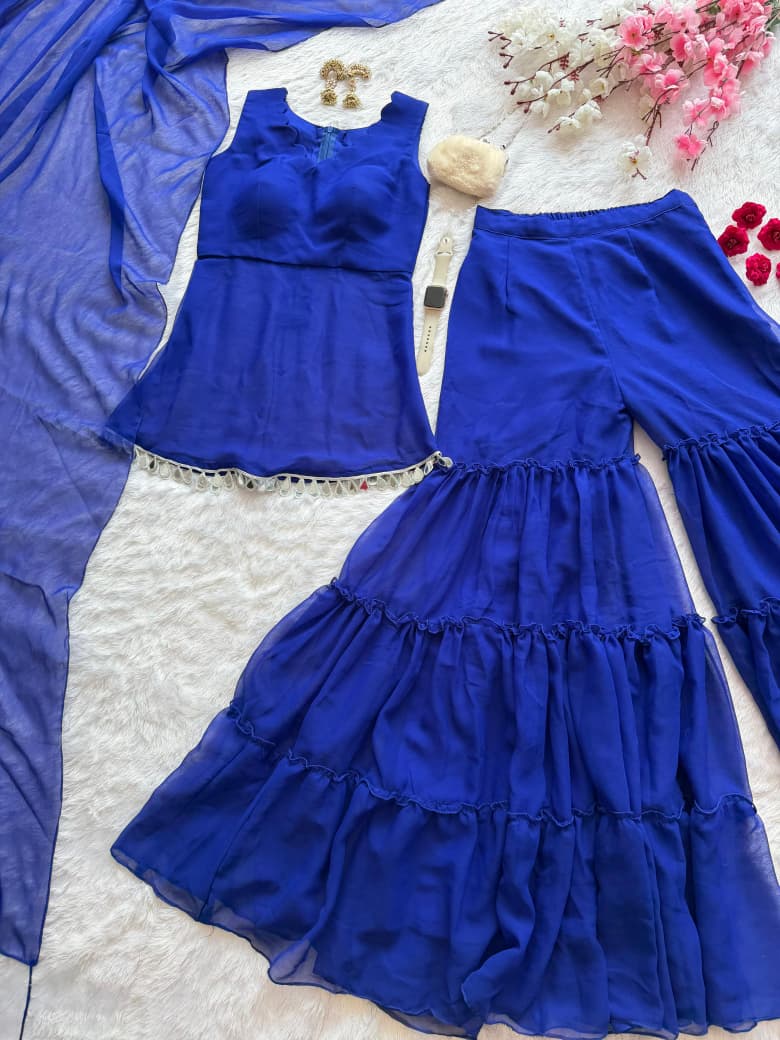 Designer Royal Blue Color Pure Georgette Sharara Suit