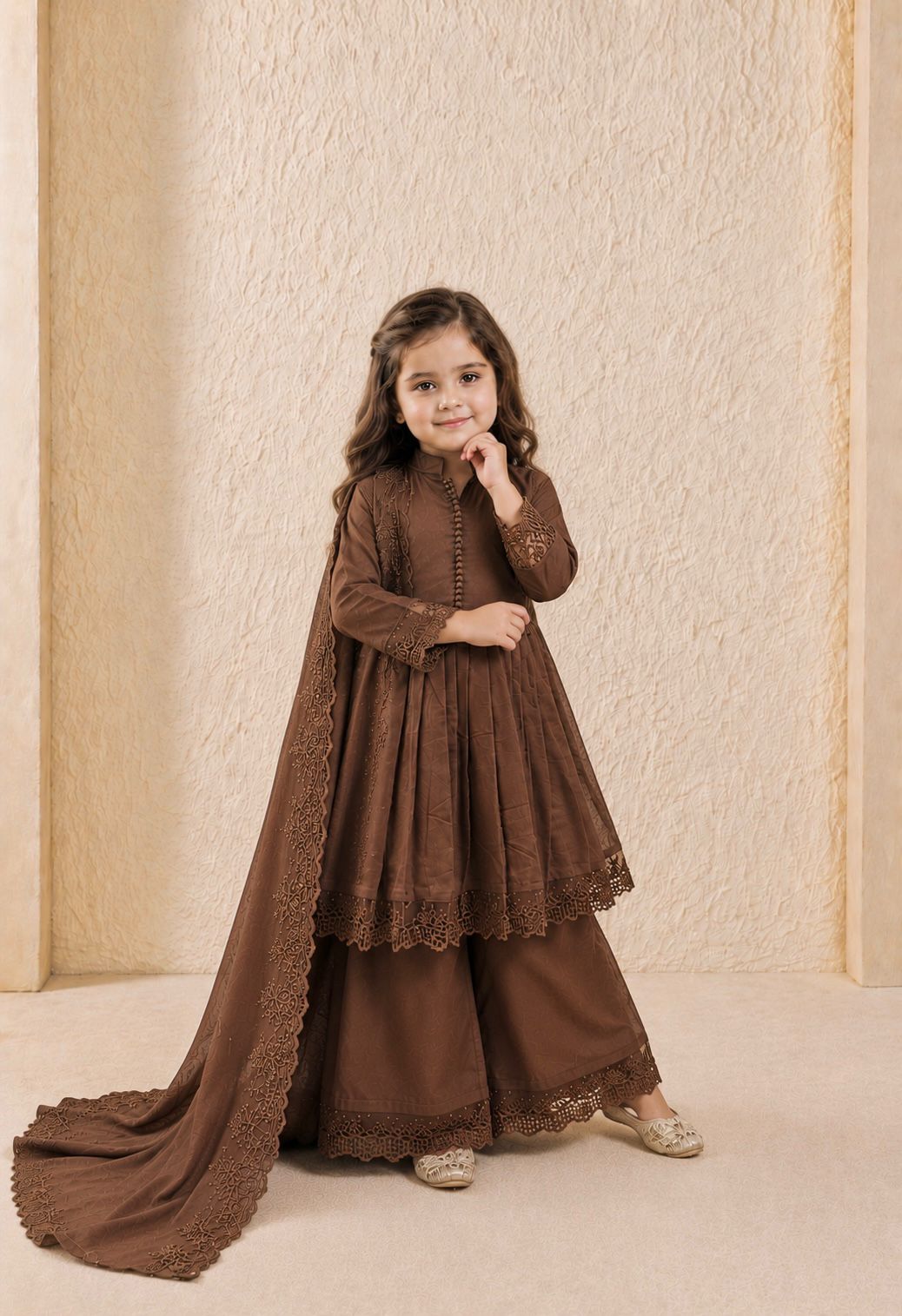 Designer Coffee Color Heavy Roman Silk Kids Palazzo Set