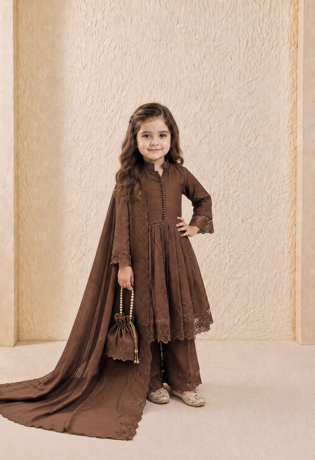 Designer Coffee Color Heavy Roman Silk Kids Palazzo Set