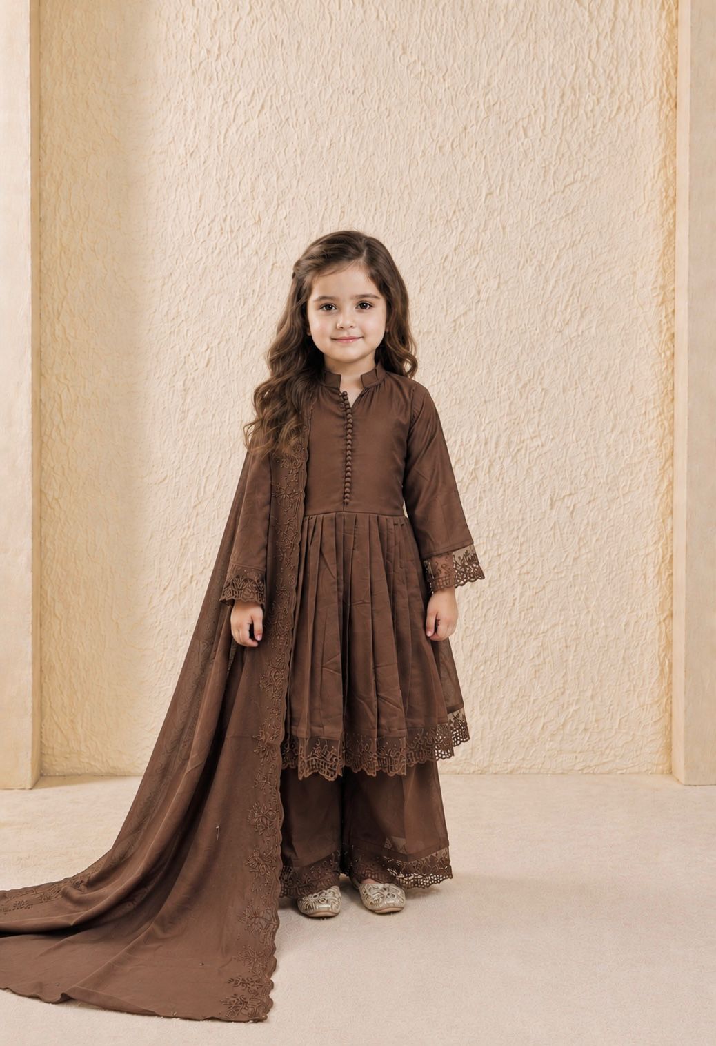 Designer Coffee Color Heavy Roman Silk Kids Palazzo Set