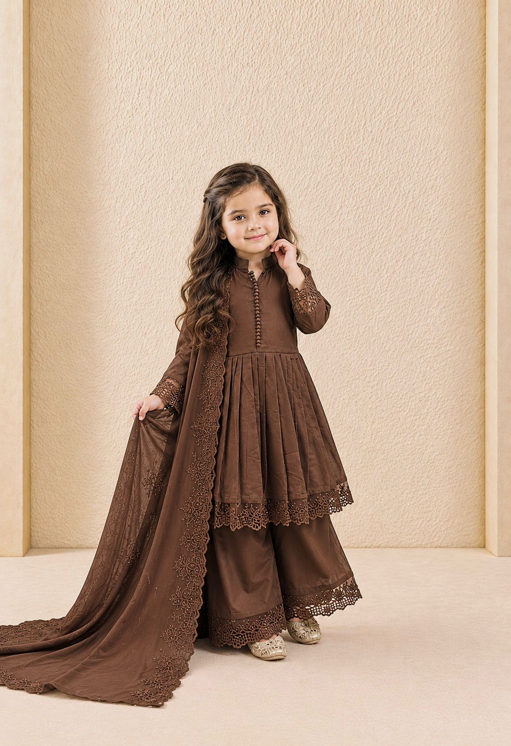 Designer Coffee Color Heavy Roman Silk Kids Palazzo Set