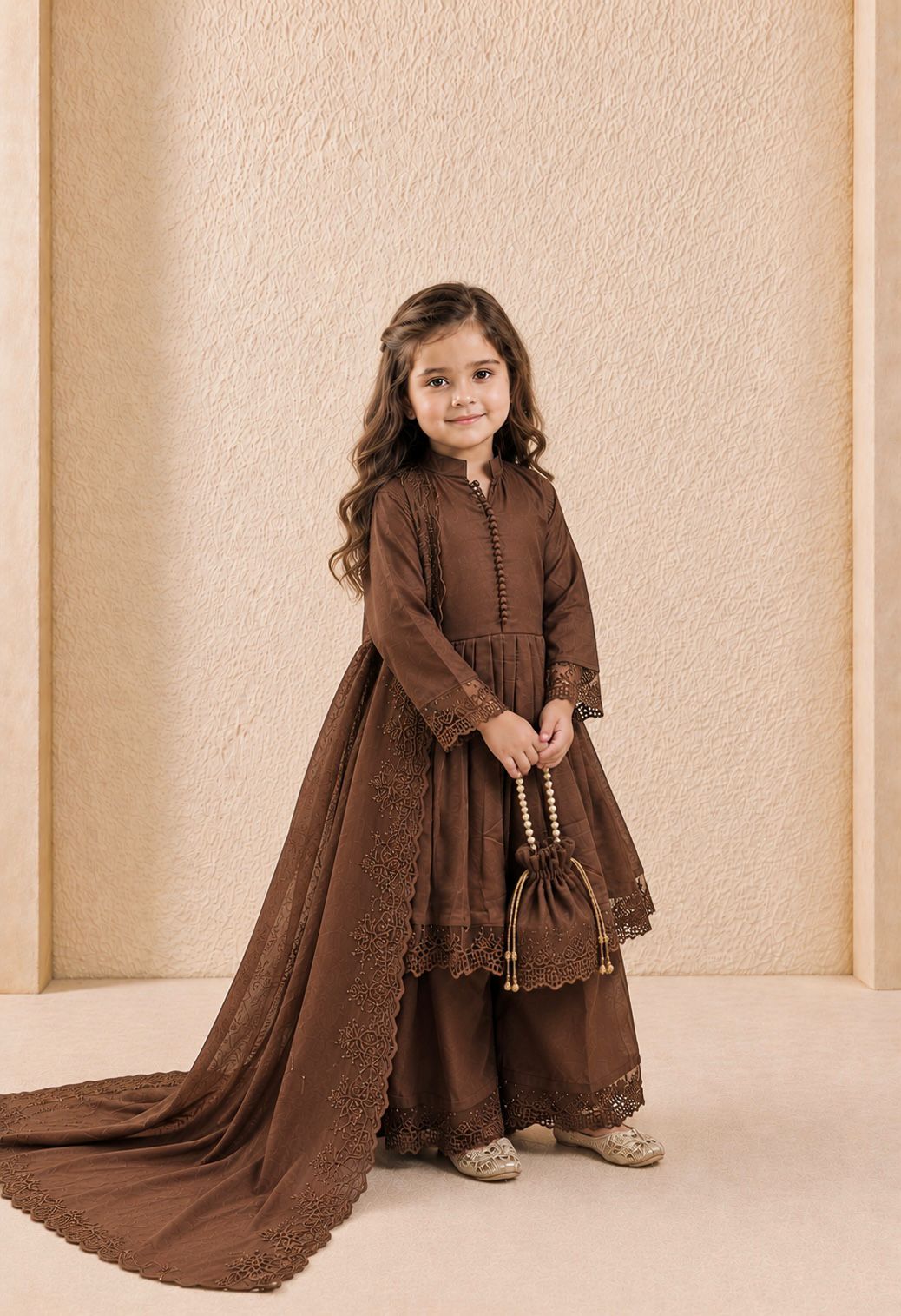 Designer Coffee Color Heavy Roman Silk Kids Palazzo Set