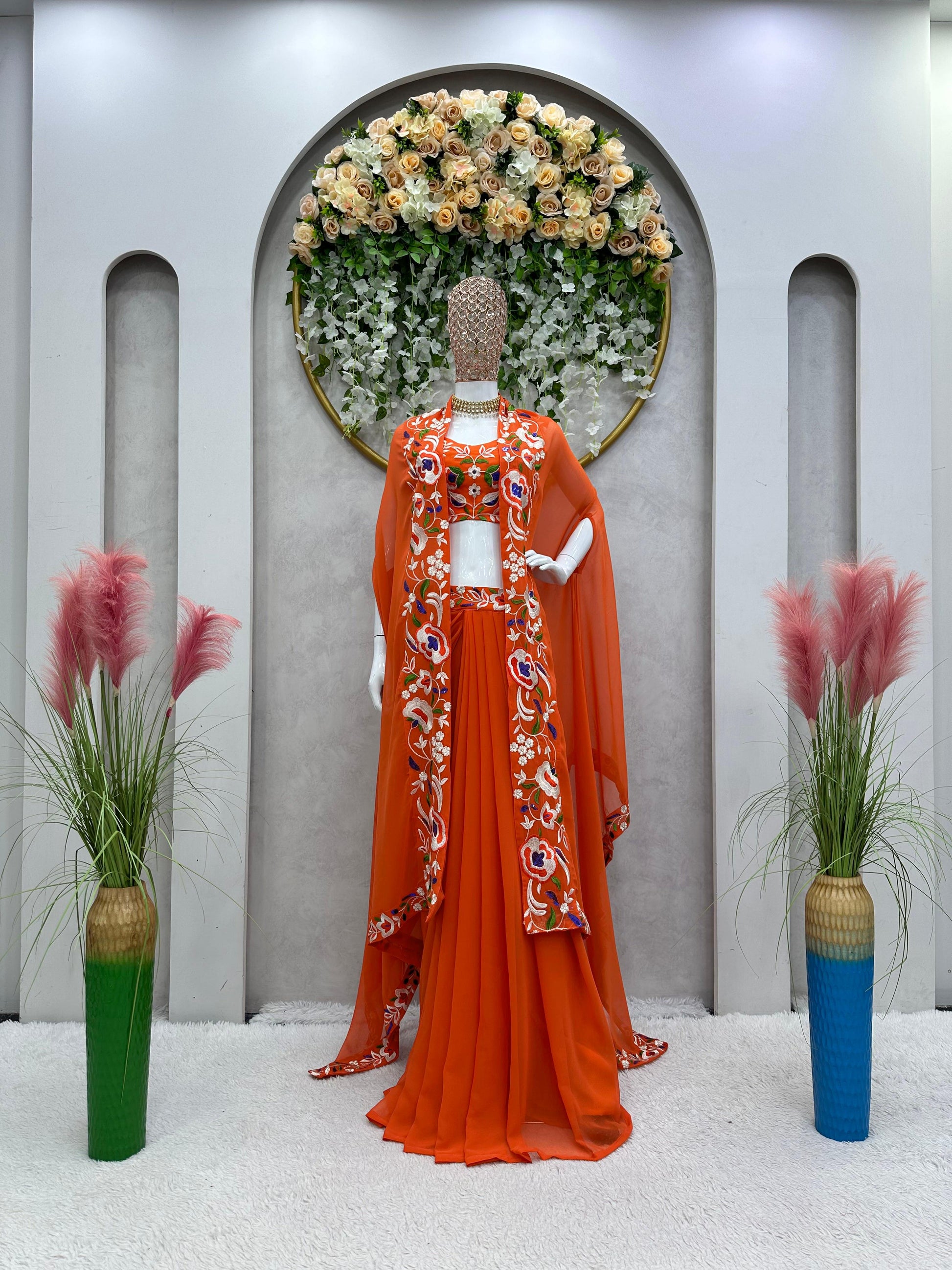 Daisy Thread Work Orange Color Shrug With Choli