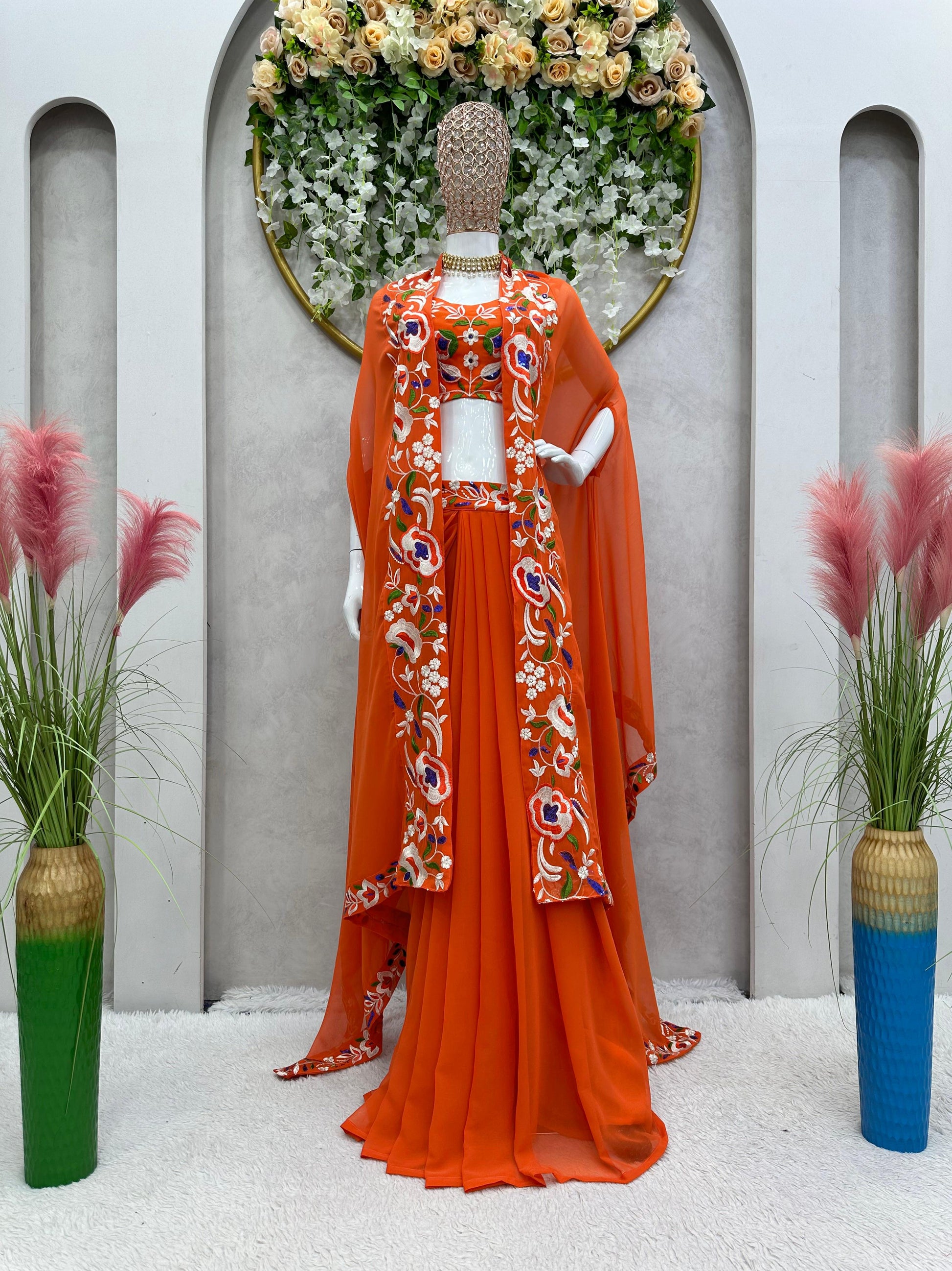 Daisy Thread Work Orange Color Shrug With Choli