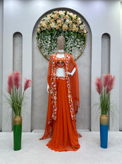 Daisy Thread Work Orange Color Shrug With Choli