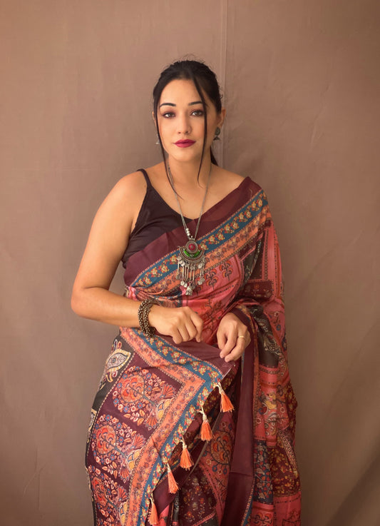 Good Looking Multi Print Pink Color Saree
