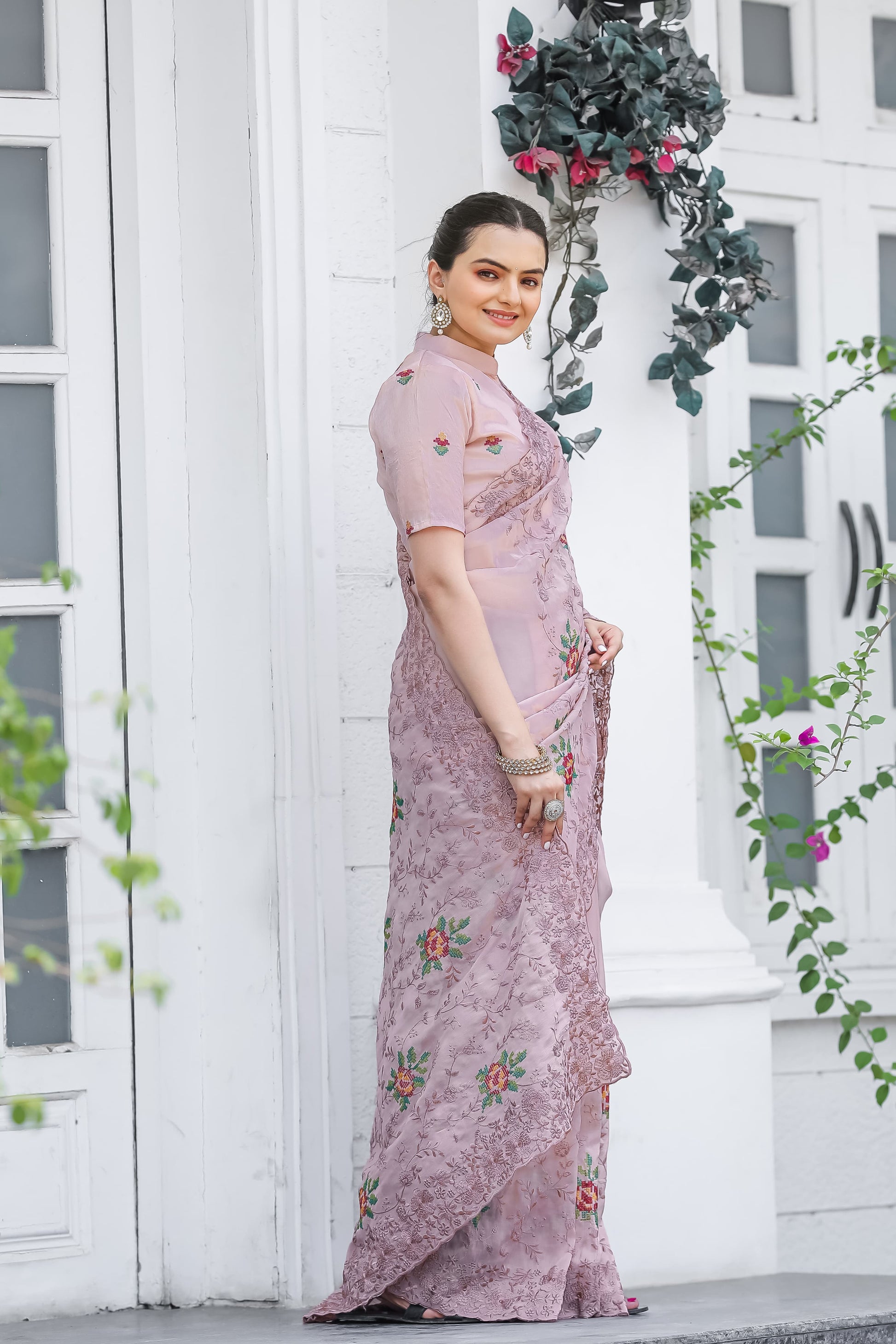 Glimmering Peach Color Embroidery With Cut Work Saree