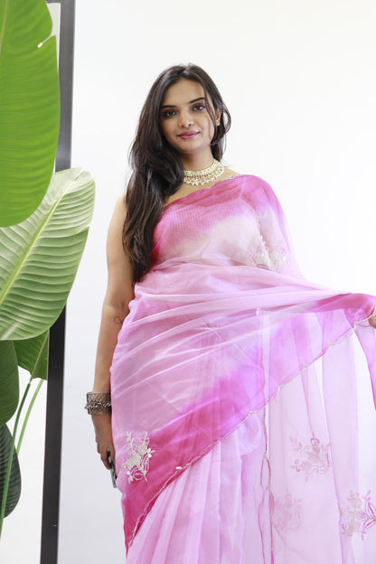 Double Shade Organza Silk Pink Color Saree