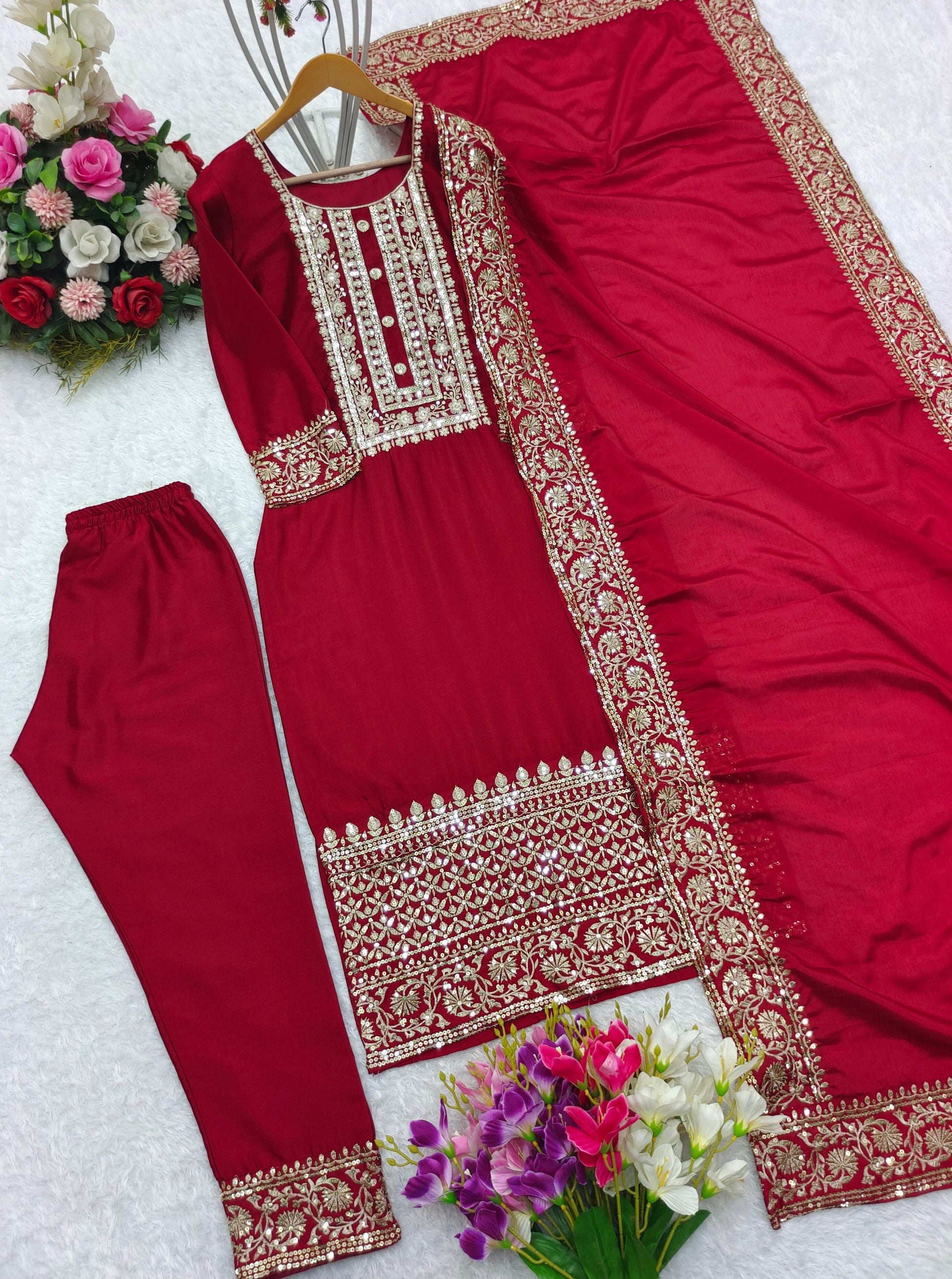 Red Color Traditional Wear Sequence Work Salwar Suit