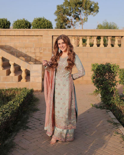 Designer Shriyanshi Sky Blue Embroidered Kurti Sharara Set