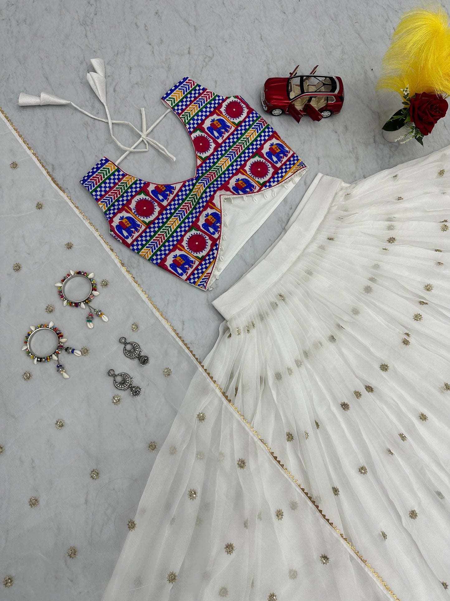 Traditional Wear White Color Georgette Heavy Gamthi Work Navratri Lehenga Choli