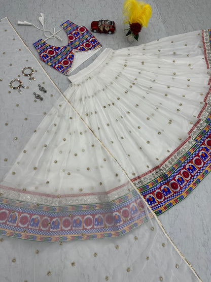 Traditional Wear White Color Georgette Heavy Gamthi Work Navratri Lehenga Choli