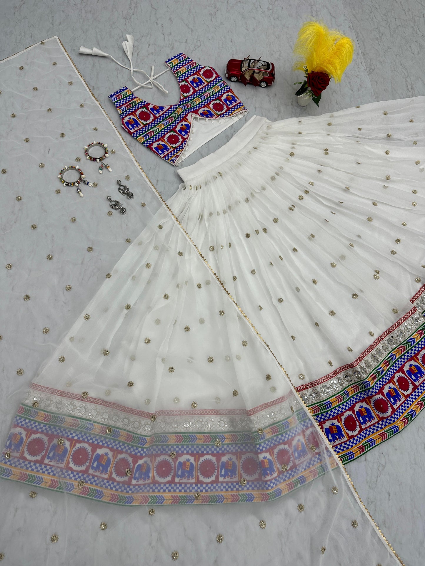 Traditional Wear White Color Georgette Heavy Gamthi Work Navratri Lehenga Choli