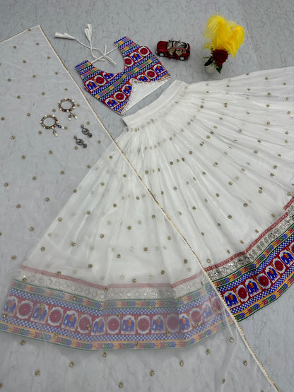 Traditional Wear White Color Georgette Heavy Gamthi Work Navratri Lehenga Choli