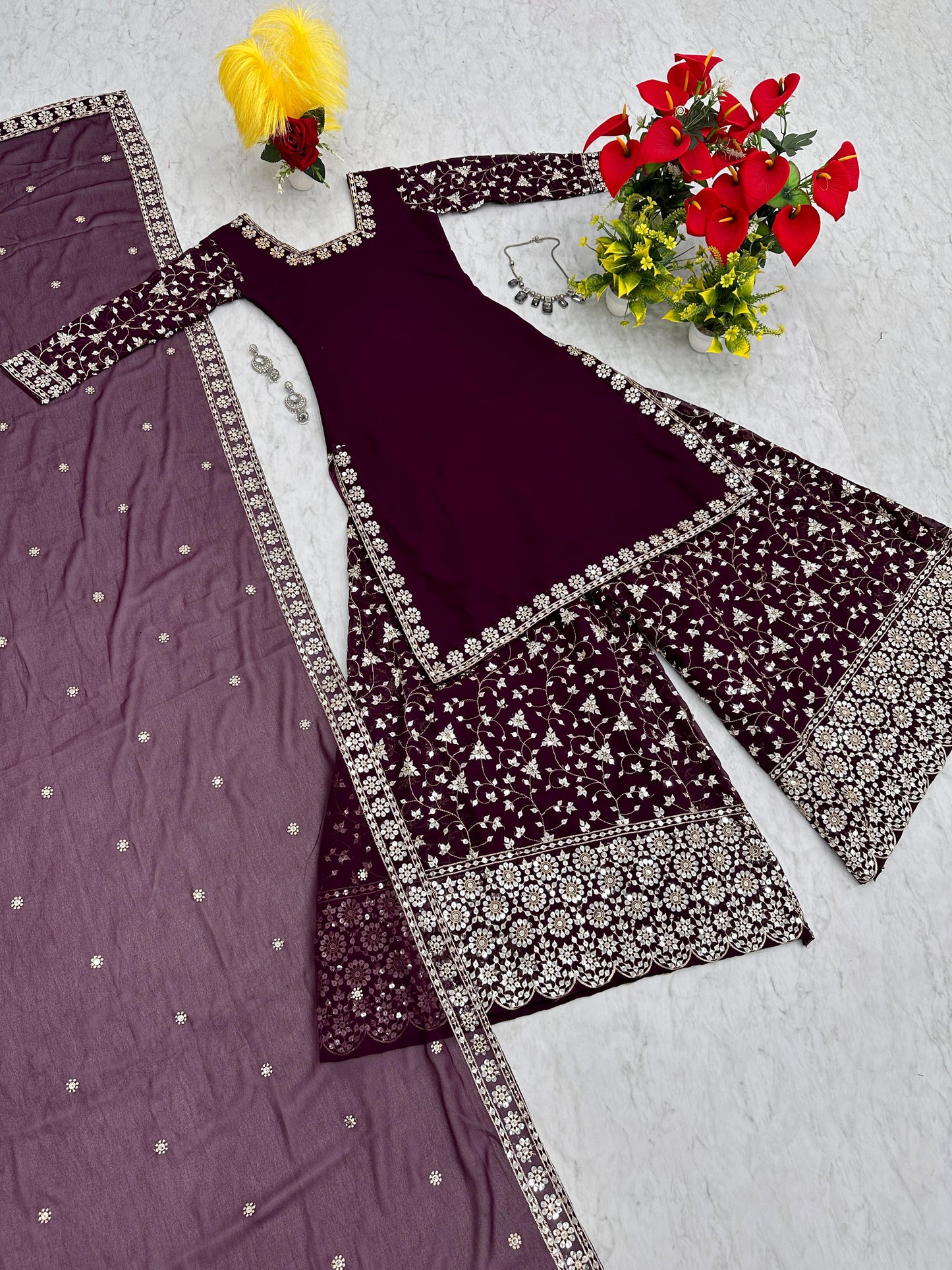 Engagement Wear Purple Color Heavy Faux Georgette With Embroidery 7 mm Sequence Work Palazzo Suit