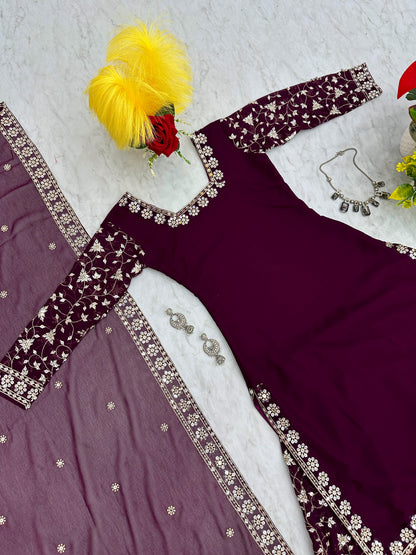 Engagement Wear Purple Color Heavy Faux Georgette With Embroidery 7 mm Sequence Work Palazzo Suit