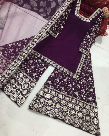 Engagement Wear Purple Color Heavy Faux Georgette With Embroidery 7 mm Sequence Work Palazzo Suit